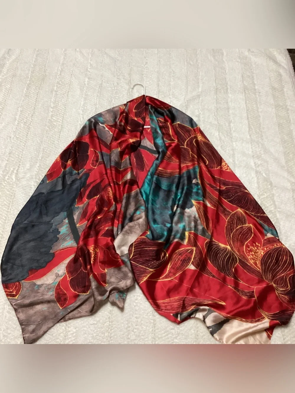 Wrapables Silk Like Satin Polyester Large Scarf Wrap, Red Lotus Colorful Scarf